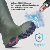 Green electric hazard safety work boots, rated up to 18,000V for 1 minute with leakage under 1mA. Designed for superior protection in high-voltage environments